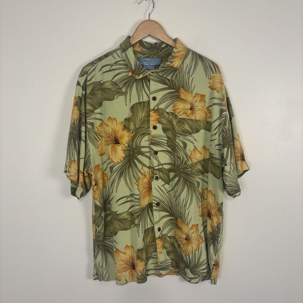 Bermuda Bay XL Hibiscus Palm Floral Silk Hawaiian Tropical Button Up Shirt Green